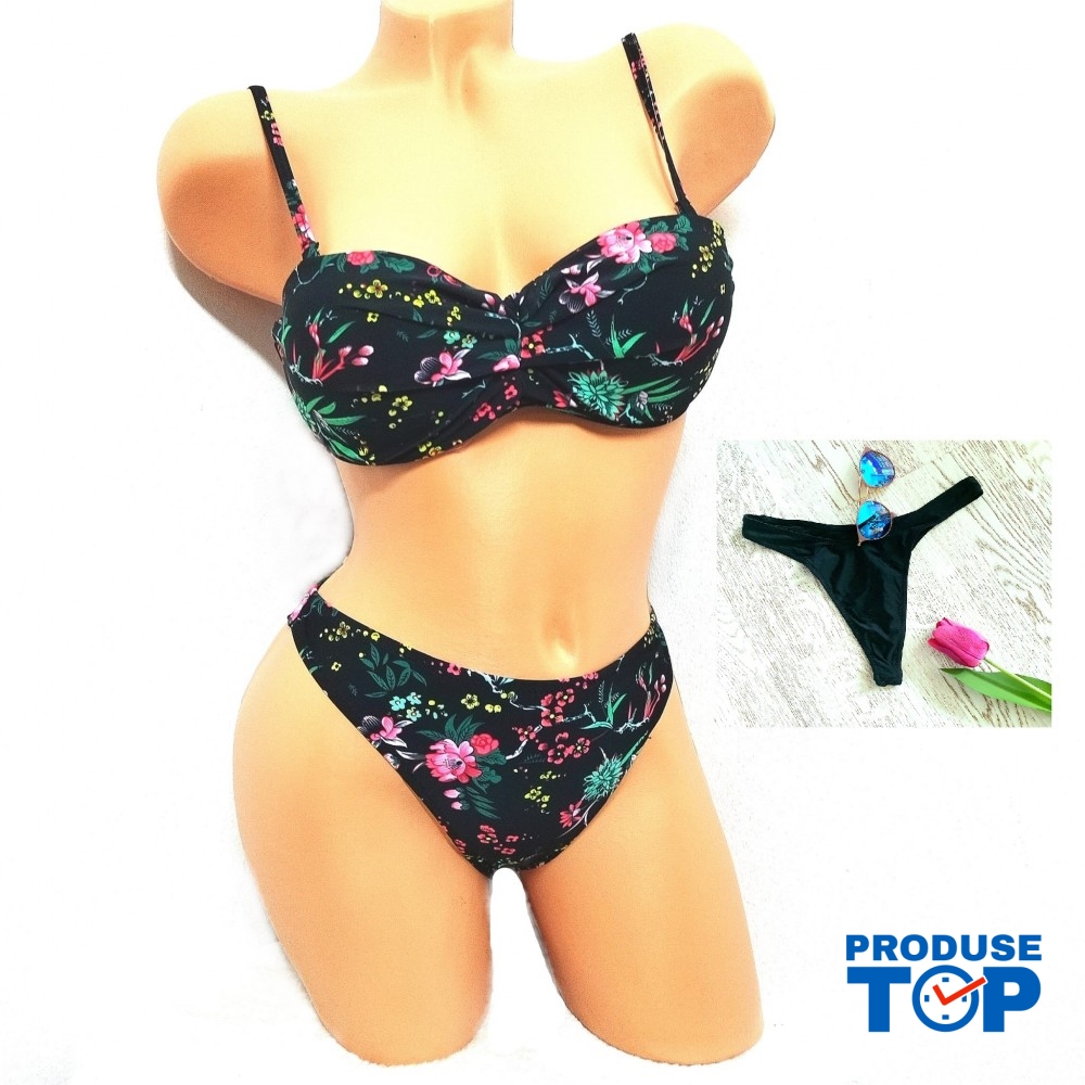 Costum de Baie  din doua piese cu sutien push up bretele detasabile slip normal + CADOU slip tanga CBD035