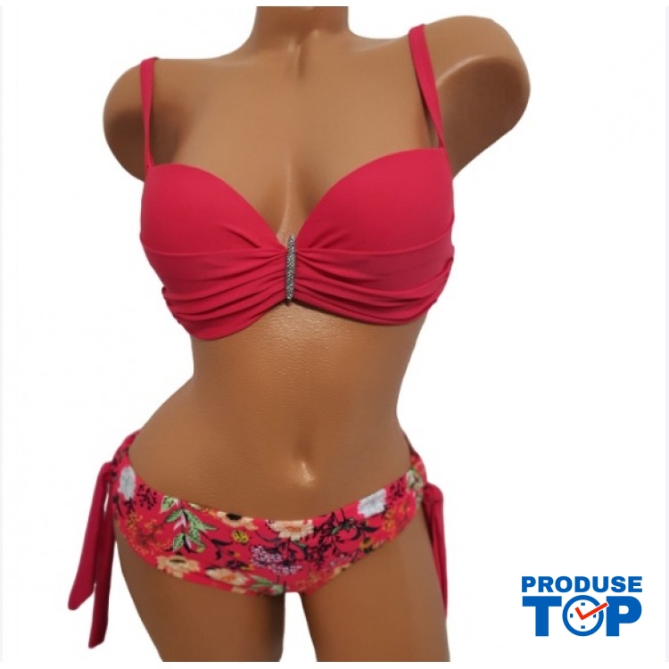 Costum de Baie roz din doua piese cu sutien push up bretele detasabile slip normal  CBD036