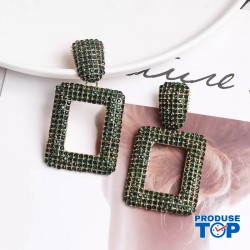 Cercei eleganti patrati mari cu strasuri verzi CW05
