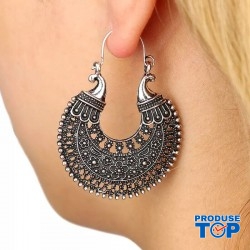 Cercei potcoava stil indian cu motive florale argintiii CW13