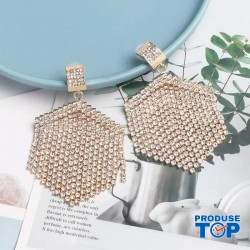 Cercei aurii stil candelabru eleganti lungi cu franjuri si strasuri CW34