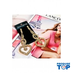 Cercei eleganti lungi aurii cu inima si strasuri CW38