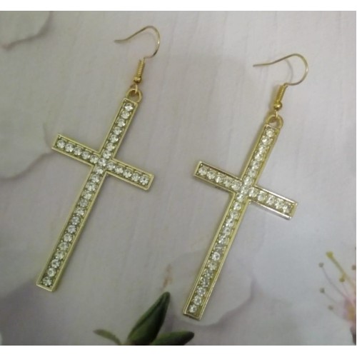 Cercei eleganti cruce mica aurii cu strasuri CW46