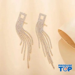 Cercei eleganti lungi aurii cu franjuri si strasuri CW50