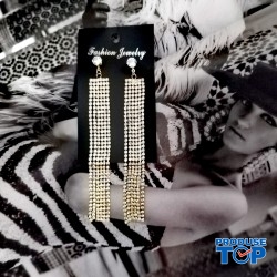 Cercei eleganti lungi aurii cu franjuri si strasuri CW65