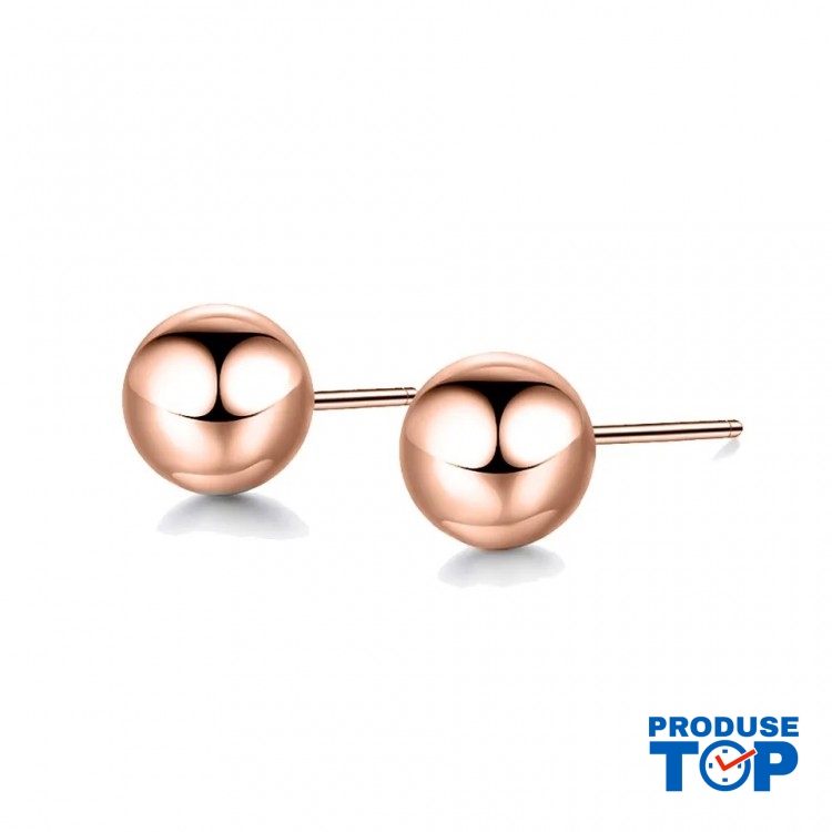 Cercei fashion din otel inoxidabil placat cu aur roz de 14 K in forma geometrica sfera CW87