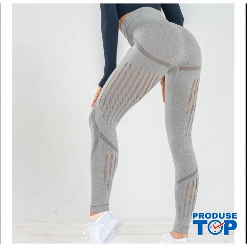 Colanti Dama Sport gri-deschis cu talie inalta si gauri pe laterale  BLUECHHO CDFIT013