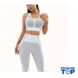 Compleu Gri Gym Fitness Colanti si Bustiera Design cu Dungi FIT019