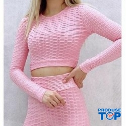 Set Fitness Roz Deschis Sport cu bluza maneca lunga si colanti modelatori cu talie inalta SFIT023 Set Fitness Roz Deschis Sport cu bluza maneca lunga si colanti modelatori cu talie inalta SFIT023