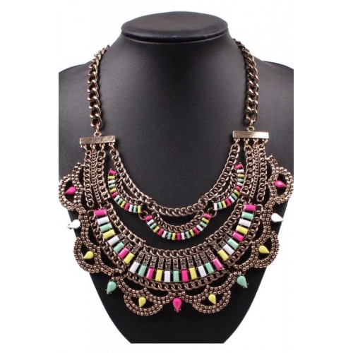 Colier Vintage Tribal Auriu cu Strasuri si Pietre Colorate COL058