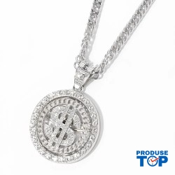 Colier Barbati suflat cu argint cu pandantiv simbol dolar strasuri COL85