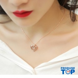 Colier dama auriu roziu cu inimioara si pietricele si proiectie I love You in 100 de limbi COL032