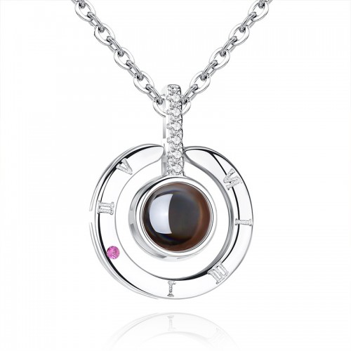 Colier dama argintiu cu cerc si proiectie I love You in 100 de limbi COL037