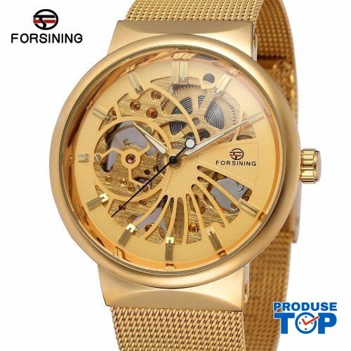 Ceas Barbati Premium Mecanic Full Automatic Auriu cu bratara metalica FORSINING CBFR005