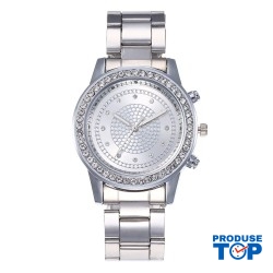 Ceas Dama Elegant argintiu rotund cu bratara metalica si strasuri Geneva CDGV022