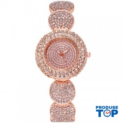 Ceas Dama Elegant auriu rosiatic rotund cu bratara metalica si strasuri Geneva CDGV023