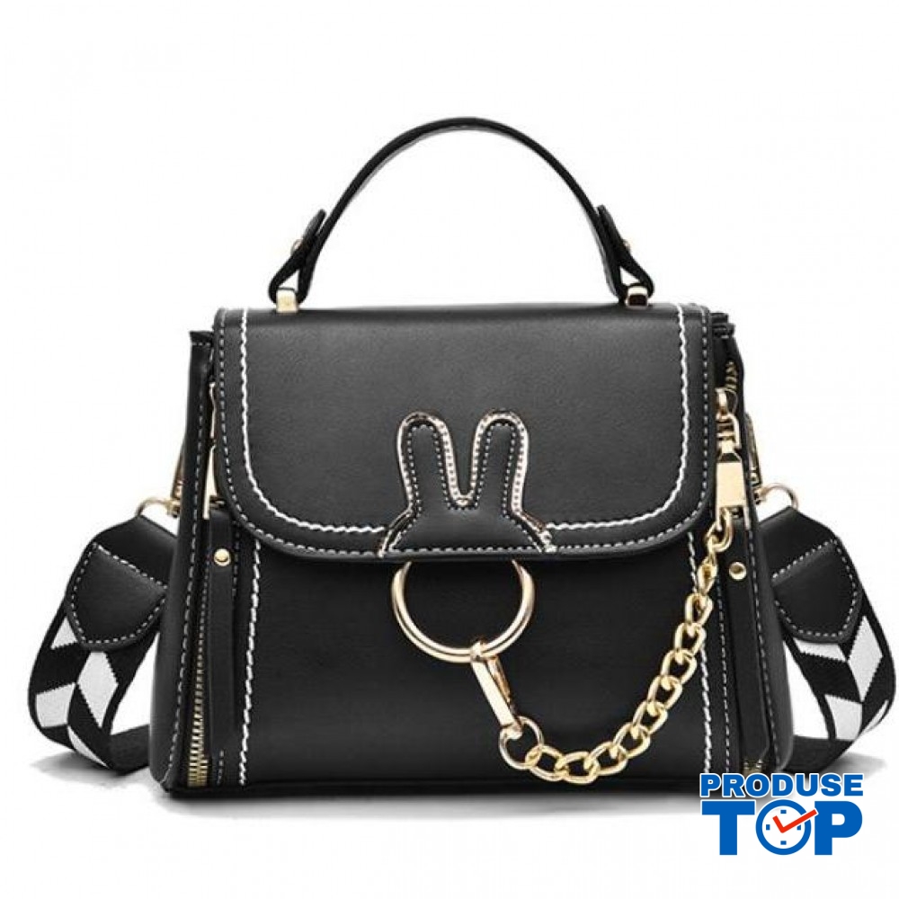 Geanta din piele eco neagra cu 2 barete Bunny Ears ACGD223 Geanta din piele eco neagra cu 2 barete Bunny Ears ACGD223