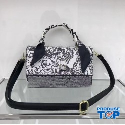 Geanta eleganta neagra de ocazie cu bareta tip esarfa si imprimeu floral cu alb ACGD293