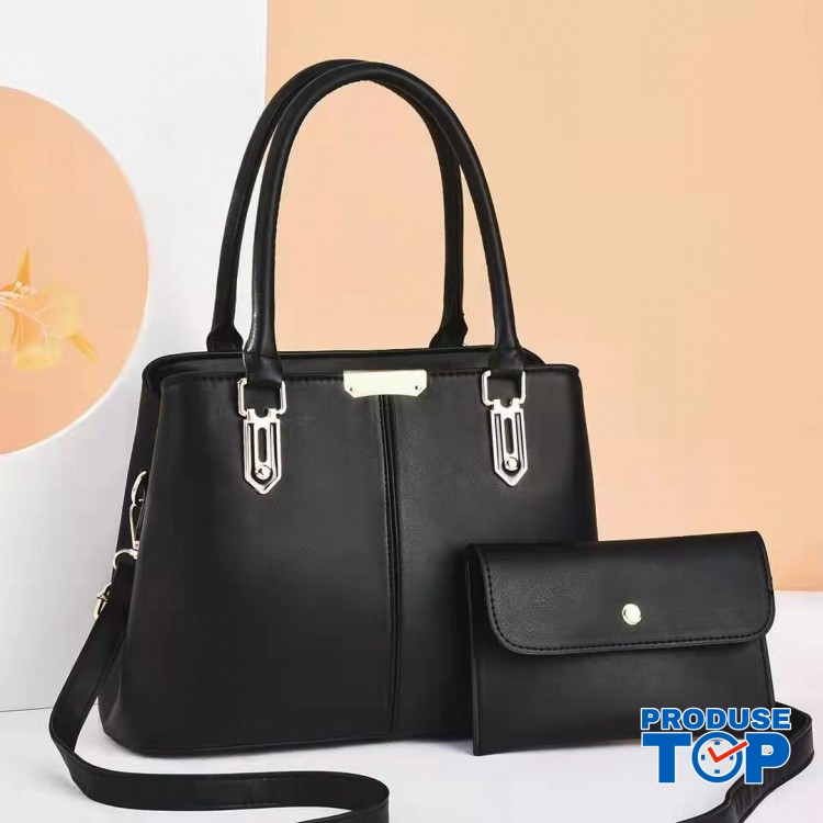 Set geanta + portofel de dama neagra din piele ecologica eleganta cu detalii aurii Office Style ACGD340