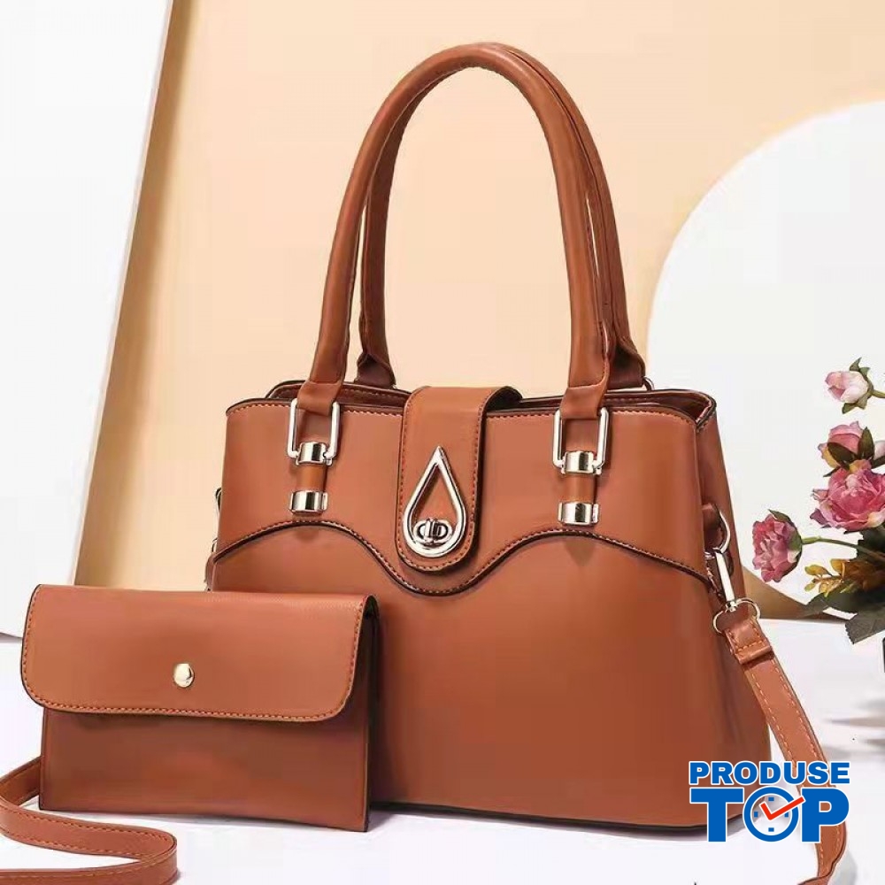 Inlay Pride Aside Set geanta + portofel de dama maro din piele ecologica eleganta cu detalii  aurii Office Style ACGD342 - acgd342-brown