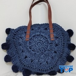 Geanta bleumarin dama de vara rotunda impletita din paie cu bareta si accesorii ciucurei ACGD370