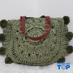Geanta verde dama de vara rotunda impletita din paie cu bareta si accesorii ciucurei ACGD370