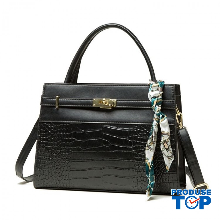 Geanta dama neagra din piele ecologica cu barete detasabile accesorizata cu esarfa colorata ACGD399