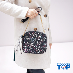 Geanta neagra umar dama cu imprimeu floral design patrat si fermoar ciucure ACGD347