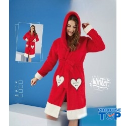 Halat Dama Plusat Pufos Cocolino Rosu cu Gluga si Imprimeu HLT05