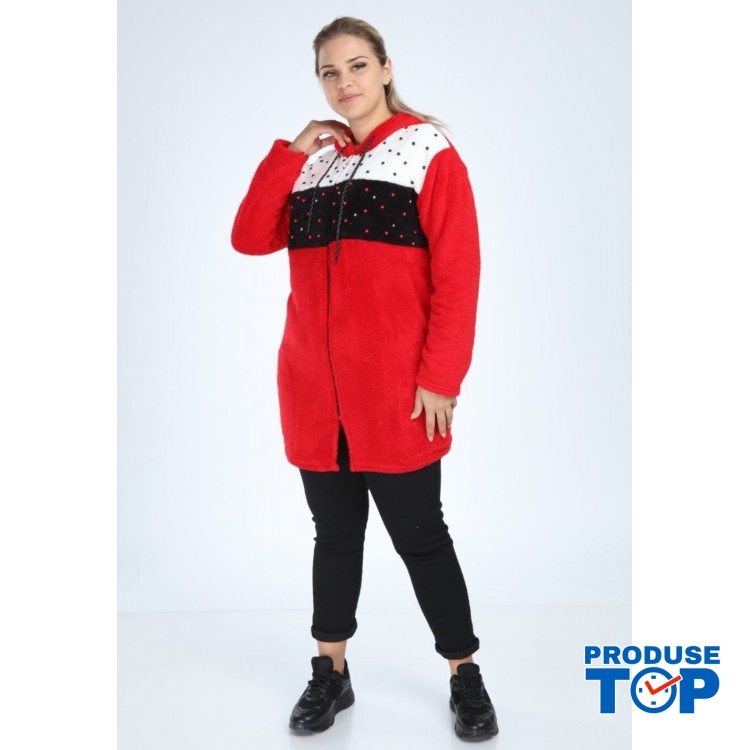 Cardigan dama rosu fashion din polar pufos cu fermoar si buzunare si accesorii perle CRDG03