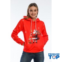 Hanorac Dama Rosu de Craciun cu gluga si fermoar si Imprimeu cu Mos Craciun HND04