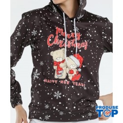Hanorac Dama Negru de Craciun cu gluga si Imprimeu cu Ursuleti HND10