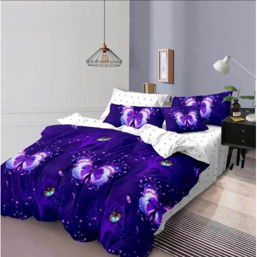 Lenjerie de Pat 6 Piese din Bumbac 100% Finet Superior Print Fluturi Mov si Cearceaf cu Elastic LDPE01