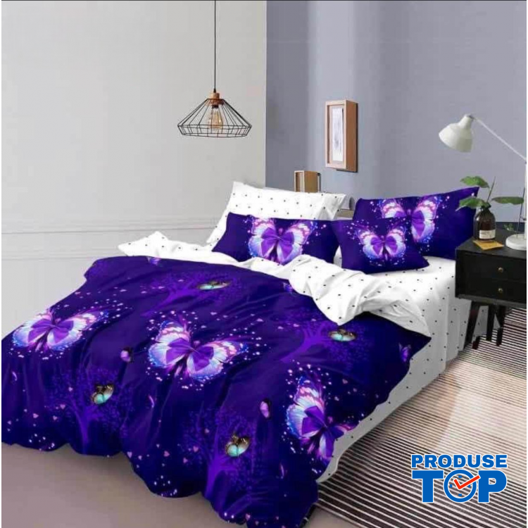 Lenjerie de Pat 6 Piese din Bumbac 100% Finet Superior Print Fluturi Mov si Cearceaf cu Elastic LDPE01