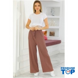 Pantaloni Dama striati largi maro cu talie inalta PD002