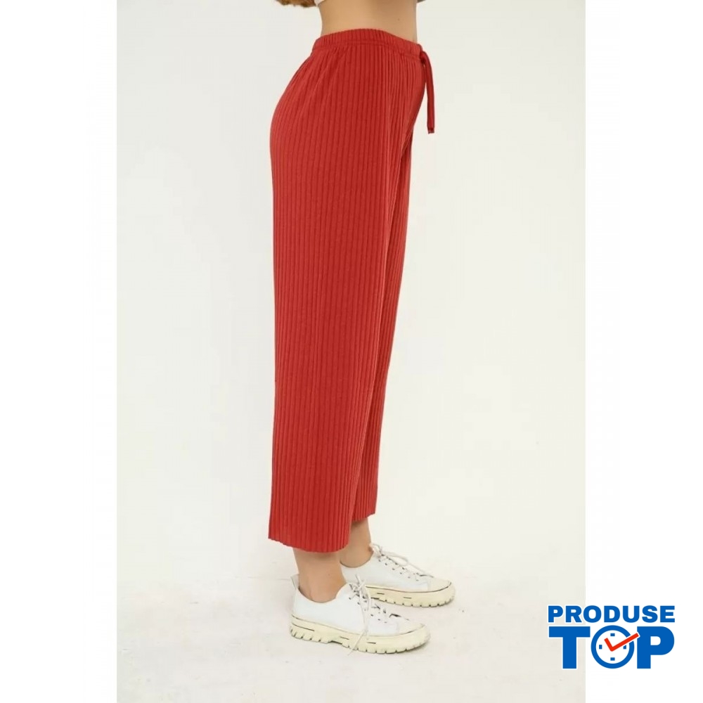 Pantaloni Dama striati largi rosii cu talie inalta PD002