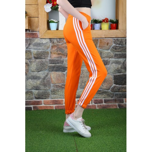Pantaloni Trening Dama portocalii fashion cu dungi laterale  PTD01