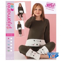 Pijama copii vatuita khaki cu alb si imprimeu cocolino PJC009