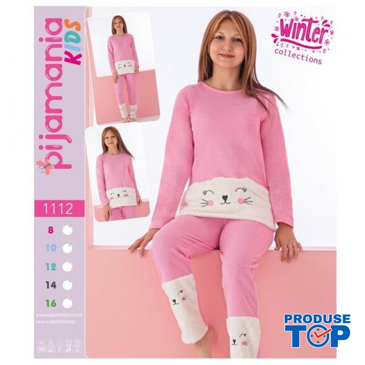 Pijama copii vatuita pink cu alb si imprimeu cocolino PJC009