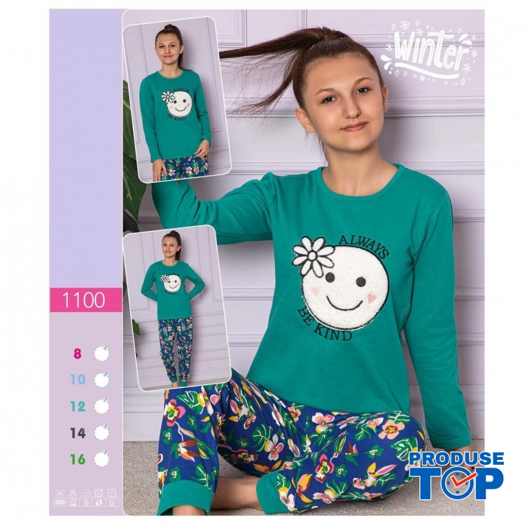 Pijama copii vatuita cu bluza verde imprimeu smile si pantaloni lungi  PJC010