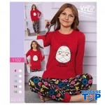 Pijama copii vatuita bluza rosie cu imprimeu ananas si pantaloni lungi  PJC010