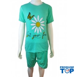 Pijama copii verde cu imprimeu floare tricou  si pantaloni scurti  PJCCF016