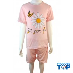 Pijama copii roz cu imprimeu floare tricou  si pantaloni scurti  PJCCF016