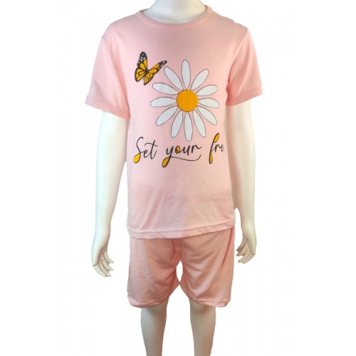 Pijama copii roz cu imprimeu floare tricou  si pantaloni scurti  PJCCF016