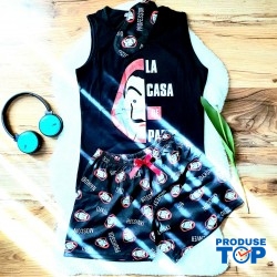 Pijama Dama Neagra cu Masca de dormit, Maiou si Pantaloni Scurti PJD025