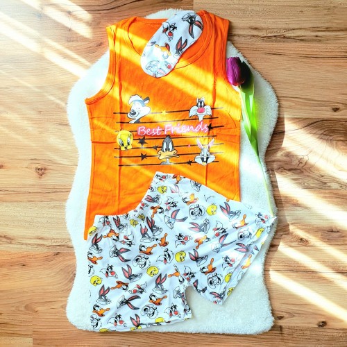 Pijama Dama Portocalie cu Masca de dormit, Maiou si Pantaloni Scurti  PJD026	