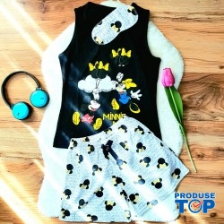 Pijama Dama Neagra cu Galben cu Masca de dormit Maiou si Pantaloni Scurti Ballon PJD027