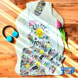 Pijama Dama Alba cu Masca de dormit Maiou si Pantaloni Scurti Create PJD030