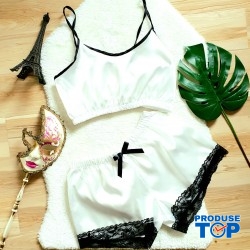 Pijama alba dama din satin cu maiou si pantaloni scurti cu dantela PJD033