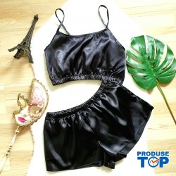 Pijama neagra dama din satin cu maiou si pantaloni scurti PJD035